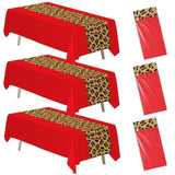 Cheetah Print Leopard Party Decorations Tablecloth, 3Pcs Disposable Red And Leopard Birthday Party Supplies Table Cover Printed Table Runner, For Birthday Bridal Shower Wedding, 55In X 86In