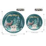 50Pcs Christmas Paper Plates Sets - Merry Christmas Lettering, Green Forest, Reindeer, Gold Foil Design Disposable Party Plates Decorative Tableware Supplies Table Decor - 7 Inch & 9 Inch