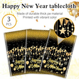 3pcs Black Gold New Year 2026 Tablecloth with Stars for Party Decor 108x54