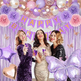 Purple Pink Birthday Party Decorations, Butterfly Confetti Rose Gold Lavender Balloons Happy Birthday Banner Fringe Curtains Hanging Swirls Circle Dots Tassels Pompoms For Mothers Day Women Girls