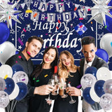 Navy Blue Birthday Decorations For Men Boys Women Girls, 80 Pcs Blue And Silver Party Decorations, Happy Birthday Backdrop Banner Party Supplies Blue Silver Confetti Star Balloons Arch Tablecloth