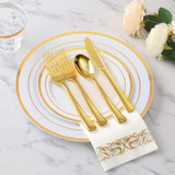 700 Piece Gold Dinnerware Set For 100 Guests, Disposable For Party, Include: 100 Gold Rim Dinner Plates, 100 Dessert Plates, 100 Paper Napkins, 100 Cups, 100 Plastic Silverware Set