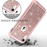 Rose Gold Heavy Duty Full-Body Defender Protective Bling Glitter Sparkle Hard Shell Armor Hybrid Shockproof Silicone Rubber Bumper Cover for iPhone XR 6.1-Inch