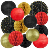 14-Pack Red Black Gold Party Decorations Lanterns Fans for Casino Hollywood Party
