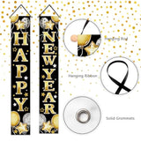 Happy New Year 2026 Porch Banner Black Gold Balloon Stars Front Door Decor