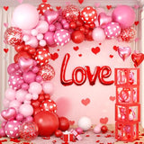 Valentines Day Balloons Garland Arch Kit, Pink Red Valentines Day Party Decorations with XOXO LOVE Boxes for Women Girls Wedding Engagement Anniversary