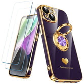 iPhone 14 Case with 2 Screen Protectors 360° Ring Holder Purple