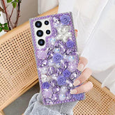For Galaxy S23 Ultra Bling Case With Strap, Luxury Glitter Rhinestone Diamond Crystal Sparkle Rose Flower Pearl Floral Bracelets Soft Bumper Protective Case Cover For Women Girls Purple