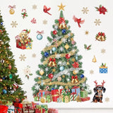 Large Christmas Tree Wall Stickers Evergreen Tree Christmas Flowers Dogs Cardinal Birds Window Wall Art Decals For Christmas Party Window Xmas Home Party