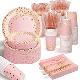 175-Piece Pink Rose Gold Party Set Serves 25 Plates Cups Napkins Cutlery