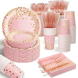 175-Piece Pink Rose Gold Party Set Serves 25 Plates Cups Napkins Cutlery