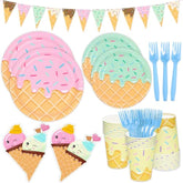 132 Pcs Ice Cream Birthday Party Supplies, Ice Cream Disposable Tableware Set Party Table Decorations For Girl, 9'' And 7'' Plates, Napkins, Cups, Forks, Banner, Serves 24
