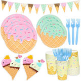 132 Pcs Ice Cream Party Supplies Tableware Set Plates Napkins Cups Forks Banner