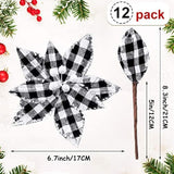 12 Pieces Buffalo Plaid Poinsettias Christmas Tree Ornaments Artificial Christmas Flowers With Glitter Powder For Christmas Tree Wreaths Garland Holiday Decorations 6.7 Inch (Black And White)