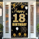 18Th Birthday Door Banner Backdrop, Happy 18Th Birthday Decorations For Girls Boys Black Gold, 18 Years Old Birthday Party Photo Props Yard Sign For Outdoor Indoor, Sturdy,