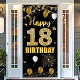 18Th Birthday Door Banner Backdrop, Happy 18Th Birthday Decorations For Girls Boys Black Gold, 18 Years Old Birthday Party Photo Props Yard Sign For Outdoor Indoor, Sturdy,