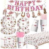 Western Cowgirl Party Decorations For Birthday Baby Shower, Wild West Pink Cowgirl Birthday Party Supplies, Paper Plate, Napkin, Cup, Tablecloth, Banner, Swirls, Cutlery, 24 Guests
