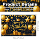 Birthday Decoration Banner 71X43 Inch Black And Gold Happy Birthday Backdrop With Balloons Stars Crowns And Gifts For Elegant Party Wall Photo Decor