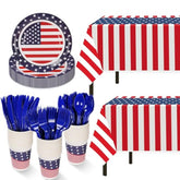 Patriotic Party Set (152-Piece): American Flag Tablecloth, Plates, Cups