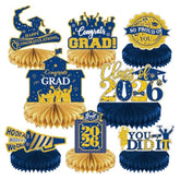 2026 Graduation Party Decorations - 8 Pcs Blue Gold Class Of 2026 Graduation Party Table Decor Honeycomb Centerpieces For Tables Congratulate For 2026 Congrats Grad Party Supplies