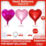 Red Heart Shaped Balloons Pack Of 12,18 Inch Hot Pink Love Valentine Balloons Pink Heart Romantic Balloons For Valentines Day Propose Marriage Wedding Bridal Shower Engagement Party Decorations