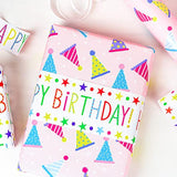 Reversible Birthday Wrapping Paper, 17"x32.8", Pink Hats & Lettering for Girls