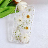 iPhone 16 Clear Case with Pressed Real Flowers, Glitter White Floral TPU Cover