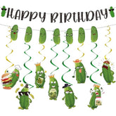 Pickle Birthday Party Decorations - 10Pcs Funny Happy Birthday Banner, Hanging Swirls, Cartoon Cucumber Dill Decor - Fruit Vegetable Theme Party Supplies