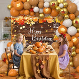 110PCS Fall Birthday Balloon Arch Kit with Maple Leaf Balloons and Rustic Backdrop