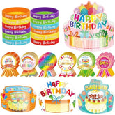 108Pcs Happy Birthday Kits For Kids Classroom Birthday Crowns Rubber Bracelets Badge Stickers School Teachers Students Kindergarten Party Supplies