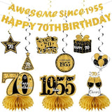 11pcs 70th Birthday Decorations – Black & Gold Banner, Centerpieces, Swirls and Table Toppers