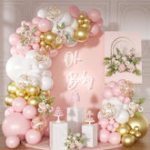 138pcs Pink and White Balloon Arch Kit with Gold Confetti for Baby Shower & Party