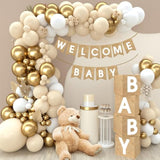 97Pcs Boho Baby Shower Decor, Burlap Baby Boxes, Nude Gold Balloons & Banner