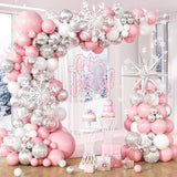 153pcs Winter Balloon Arch with Pink Silver Snowflake Balloons