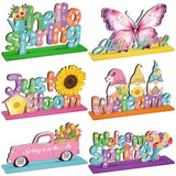 6 Pcs Spring Wooden Table Centerpiece Hello Spring Wooden Table Sign Flower Gnome Truck Butterfly Signs Farmhouse Wood Tabletop Decor For Home Party, 6 Styles