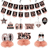 Pink Rose Gold 60th Birthday Decor Kit – Vintage 1965 Banner, Swirls & Centerpieces (10pcs)