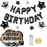 13Pcs 16-Inch Happy Birthday Mylar Foil Banner, 8Pcs Star Balloons & LED Lights (Black)