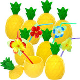 12-Pack Plastic Pineapple Cups With Lids And Hibiscus Straws, Hawaiian Party Cups Luau Aloha Party Favor (12)