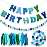 2 Pcs 118 Inch Pre Strung Happy Birthday Felt Banner With Ball Garland Reusable Natural Handmade Letters & Balls For Birthday Sign Decorations Party Decor Photo Prop(Ocean Color)