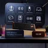 K6 He 65% Wireless Mechanical Keyboard, 2.4Ghz & Bluetooth, Gateron Double-Rail Magnetic Switch, Double-Shot Pbt Keycaps, Aluminum & Wooden Frame, Compatible With Windows/Mac Black