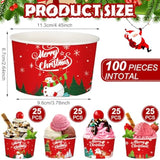 100 Pcs Christmas Treat Snack Cups 12 Oz Xmas Themed Paper Treat Food Disposable Bowls Holiday Ice Cream Snack Bowls For Parties Merry Christmas Paper Dessert Cups (Classic)
