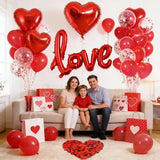 Valentines Day Decorations with Red Heart Balloons and Love Balloon, Fake Rose Petals with Red Balloons and Heart Hanging Decor for Valentines Day Party Wedding Anniversary Engagement Decor