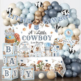 230Pcs Cowboy Baby Shower Decorations, All-In-1 Supplies Pack, Includes 20 Tableware, A Little Cowboy Is On The Way Backdrop Tablecloth, Balloon Kit For Baby Boy Shower Decorations