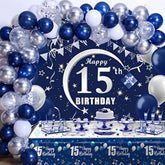 15Th Birthday Decorations For Boys Girls - Navy Blue Birthday Decorations For Boys Girls Including Happy 15Th Birthday Decorations Backdrop Tablecloth Balloon Garland Kit -15Th Bday Decorations