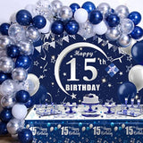 15Th Birthday Decorations For Boys Girls - Navy Blue Birthday Decorations For Boys Girls Including Happy 15Th Birthday Decorations Backdrop Tablecloth Balloon Garland Kit -15Th Bday Decorations