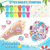 134 Pcs Axolotles Party Favors Bulk For Kids With Silicone Slap Bracelets Stickers Stampers Rings Badges Miniature Figures For Axolotl Themed Birthday Party Decorations Goodies Bags Stuffers