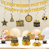 11Pcs Happy Birthday Decorations Kit For Men Women, Black Gold Happy Birthday Banner, Older Wiser Hotter Glitter Banner Party Supplies, Bday Decor Centerpieces Swirls Table Topper Sign