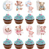 32Pcs Baby Shower Bear Cupcake Toppers Moon Baby Bear Baby Shower Cake Topper Decorations Jungle Animal Theme Birthday Party Cake Supplies Blue Pink