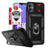 For Galaxy A05 Case, Samsung Ao5 Phone Case With Slide Camera Cover + Tempered Glass Screen Protectors, Military-Grade Cell Phone Case Cover With Metal Ring Kickstand For Samsung A05, Black