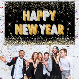 Happy New Year 2025 Banner and Backdrop 72x44 Inch Black and Gold for Party Decor